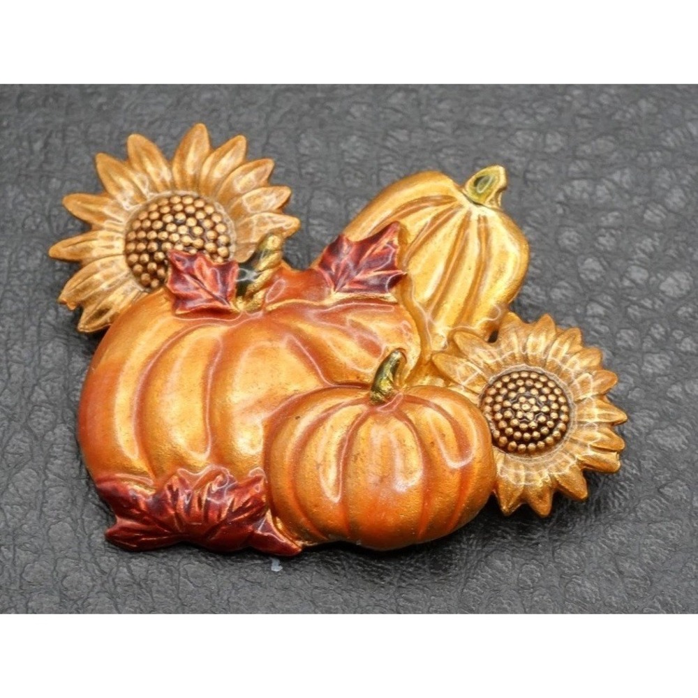 Vintage KC Autumn Fall Harvest Pumpkin Sunflower Brooch Enamel Gold Tone
